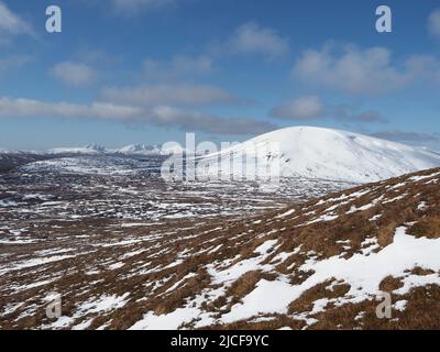 Blick von den Hängen von Creagan nan Laogh über das Allt Achadh na Sine Torf- und Heidemoor mit Blick auf Meall a` Chaorainn. Stockfoto